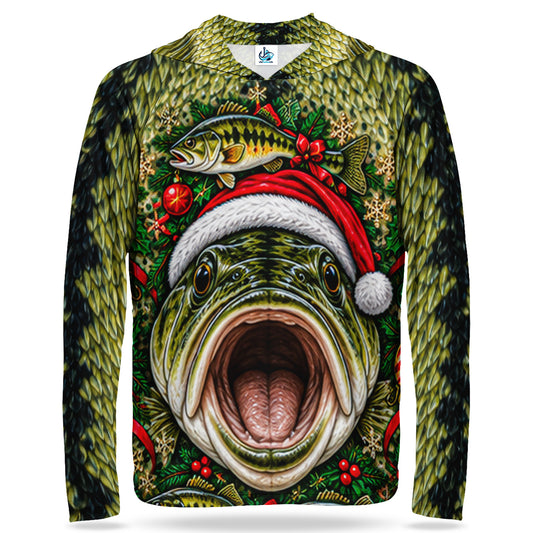 Christmas Bass Face With Santa Hat UPF Sun Protection Fishing Hoodie
