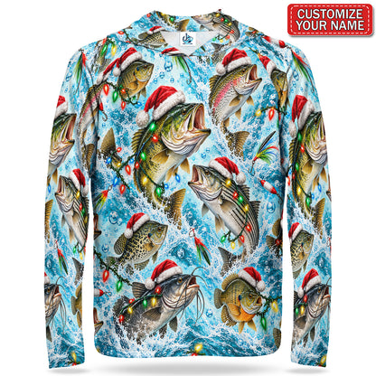 Santa Hat Fish and Christmas Lights Personalized UPF Sun Protection Fishing Hoodie