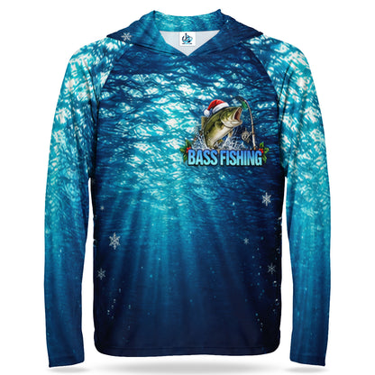Santa Hat Bass and Blue Underwater Scene UPF Sun Protection Fishing Hoodie