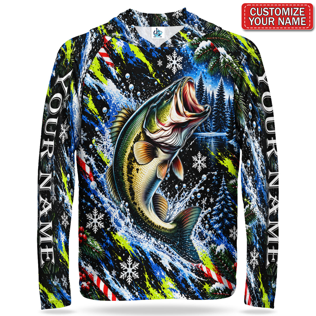 Jumping Bass and Snowflakes Personalized UPF Sun Protection Fishing Hoodie