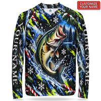 Jumping Bass and Snowflakes Personalized UPF Sun Protection Fishing Hoodie