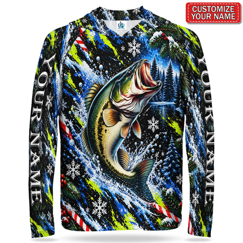 Jumping Bass and Snowflakes Personalized UPF Sun Protection Fishing Hoodie
