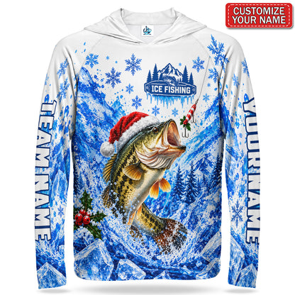 Santa Bass and Ice Fishing Personalized UPF Sun Protection Fishing Hoodie