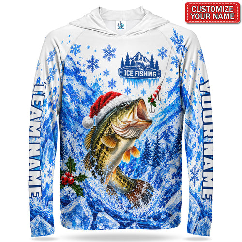 Santa Bass and Ice Fishing Personalized UPF Sun Protection Fishing Hoodie