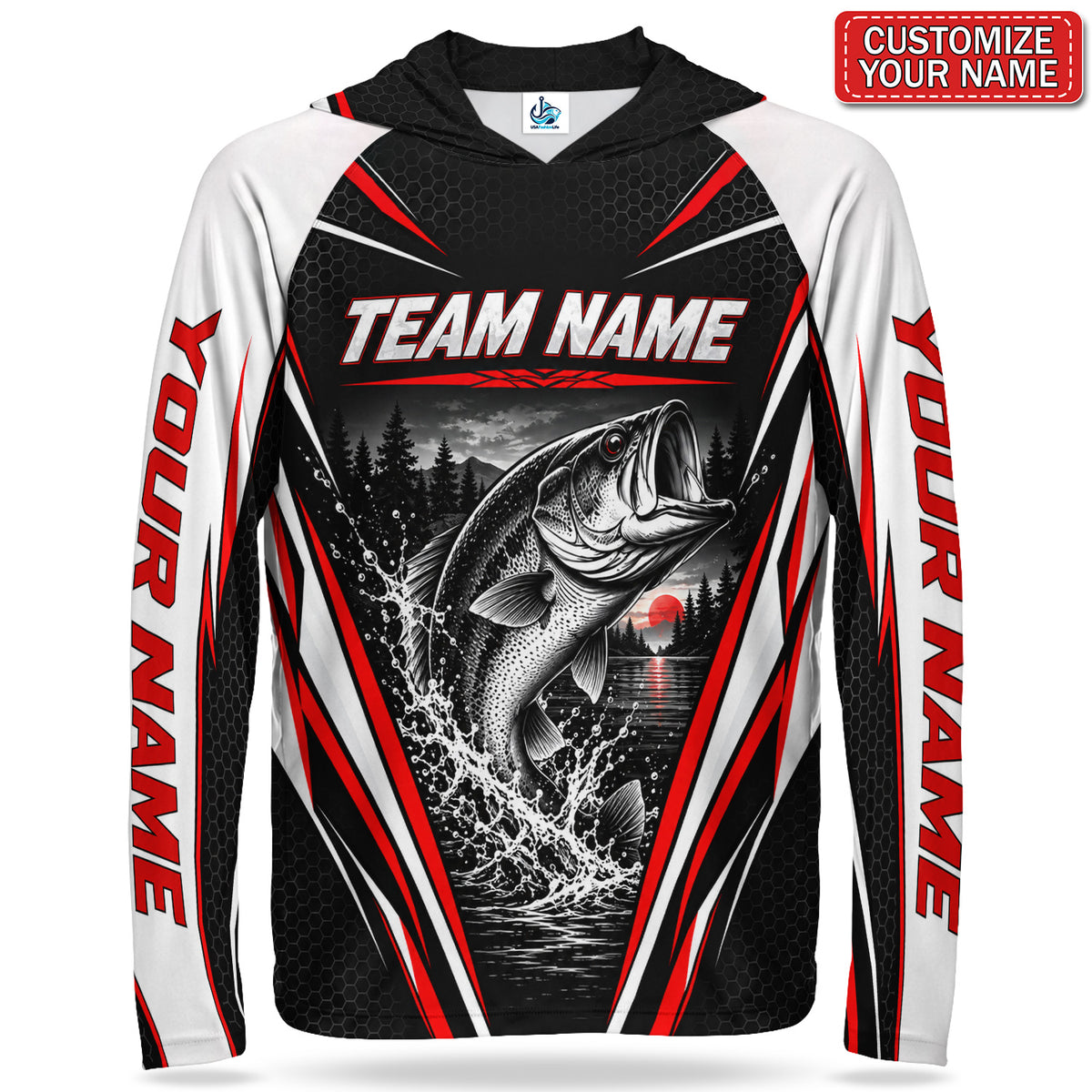 Bass and Red Sunset Personalized Team UPF Sun Protection Fishing Hoodie