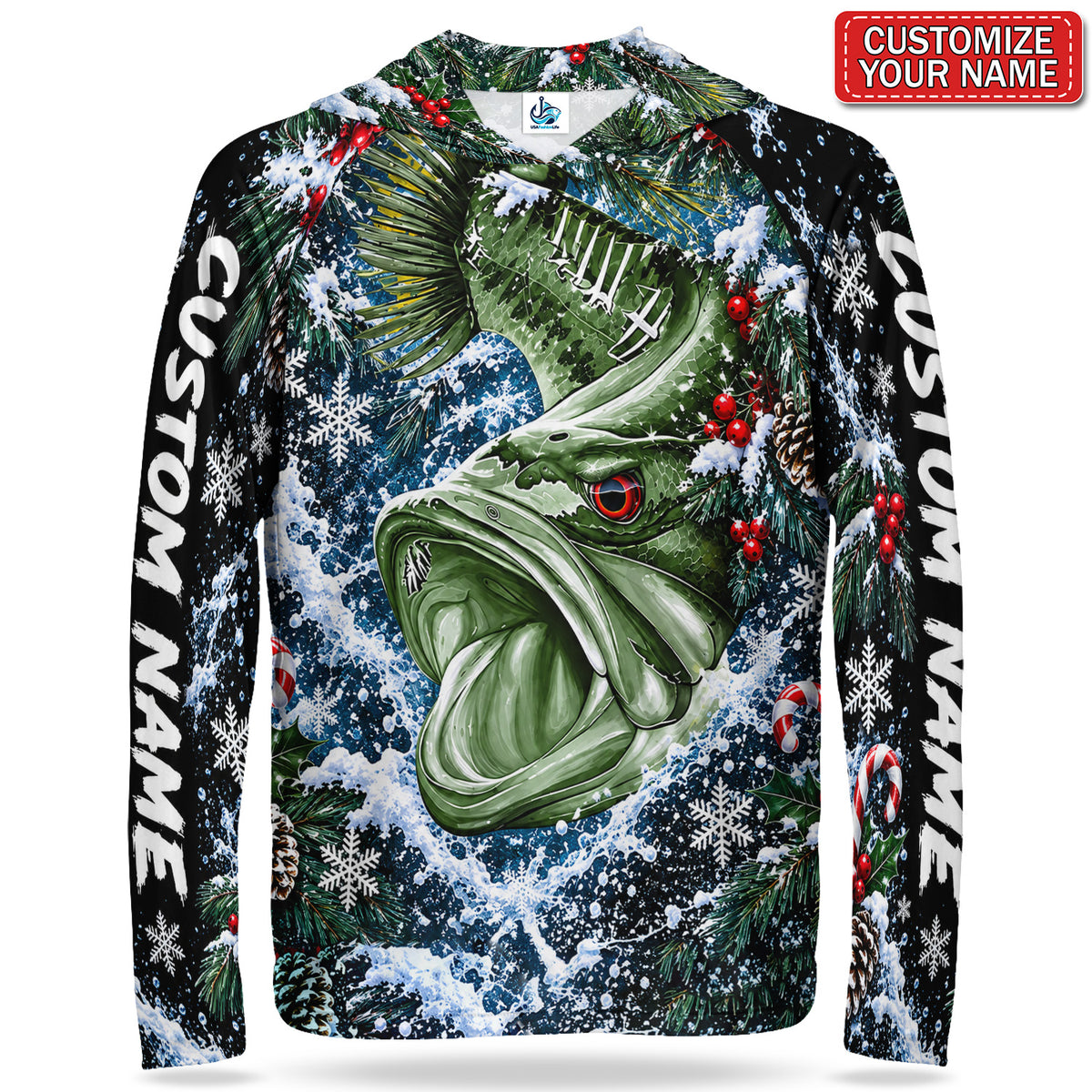 Bass and Snowy Christmas Branches Personalized UPF Sun Protection Fishing Hoodie