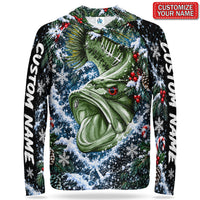Bass and Snowy Christmas Branches Personalized UPF Sun Protection Fishing Hoodie