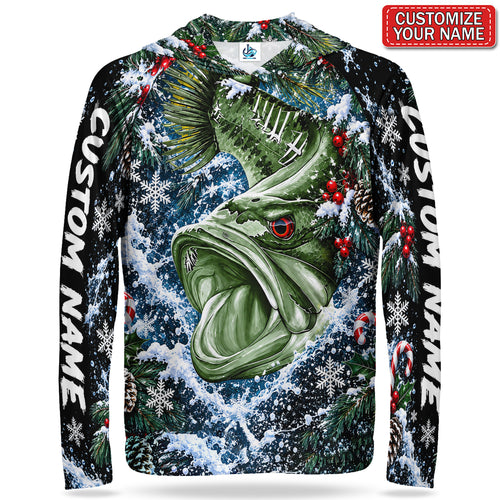 Bass and Snowy Christmas Branches Personalized UPF Sun Protection Fishing Hoodie