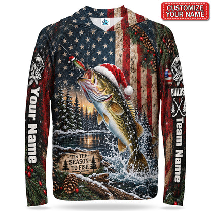 Santa Fish American Flag Personalized UPF Sun Protection Fishing Hoodie