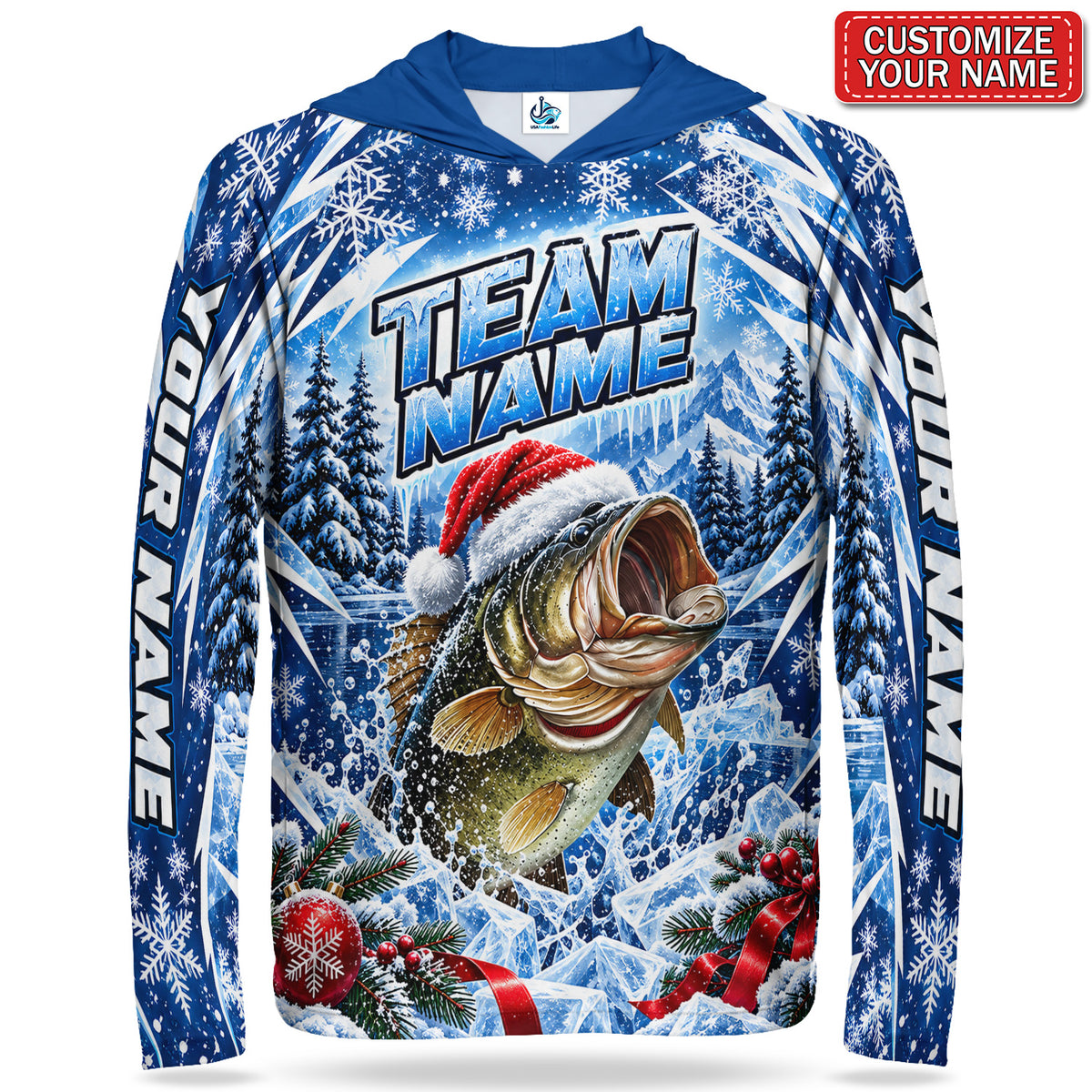 Santa Hat Bass Personalized UPF Sun Protection Fishing Hoodie