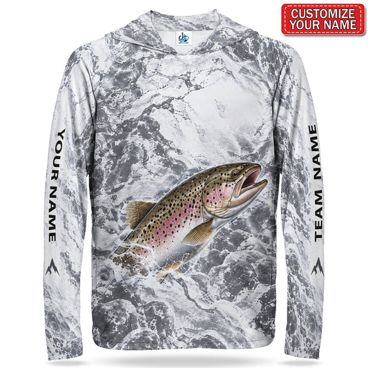 Rainbow Trout and Gray Water Splash Personalized UPF Sun Protection Fishing Hoodie