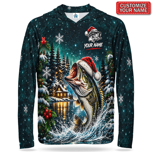Personalized Santa Hat Bass Winter Lake UPF Sun Protection Fishing Hoodie