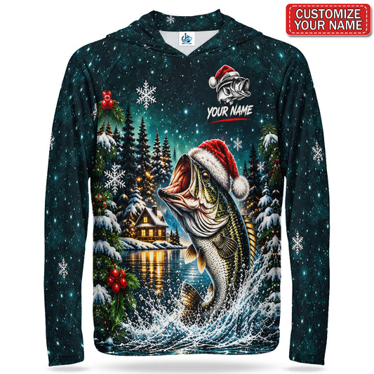 Personalized Santa Hat Bass Winter Lake UPF Sun Protection Fishing Hoodie