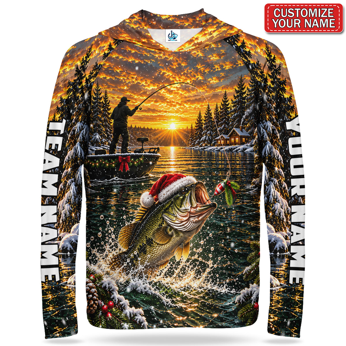 Santa Bass and Winter Sunset Personalized UPF Sun Protection Fishing Hoodie