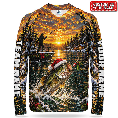Santa Bass and Winter Sunset Personalized UPF Sun Protection Fishing Hoodie