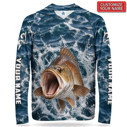 Bronze Fish Crashing Waves Personalized UPF Sun Protection Fishing Hoodie