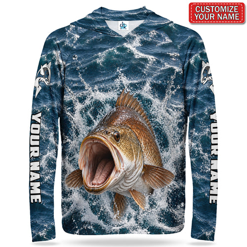 Bronze Fish Crashing Waves Personalized UPF Sun Protection Fishing Hoodie