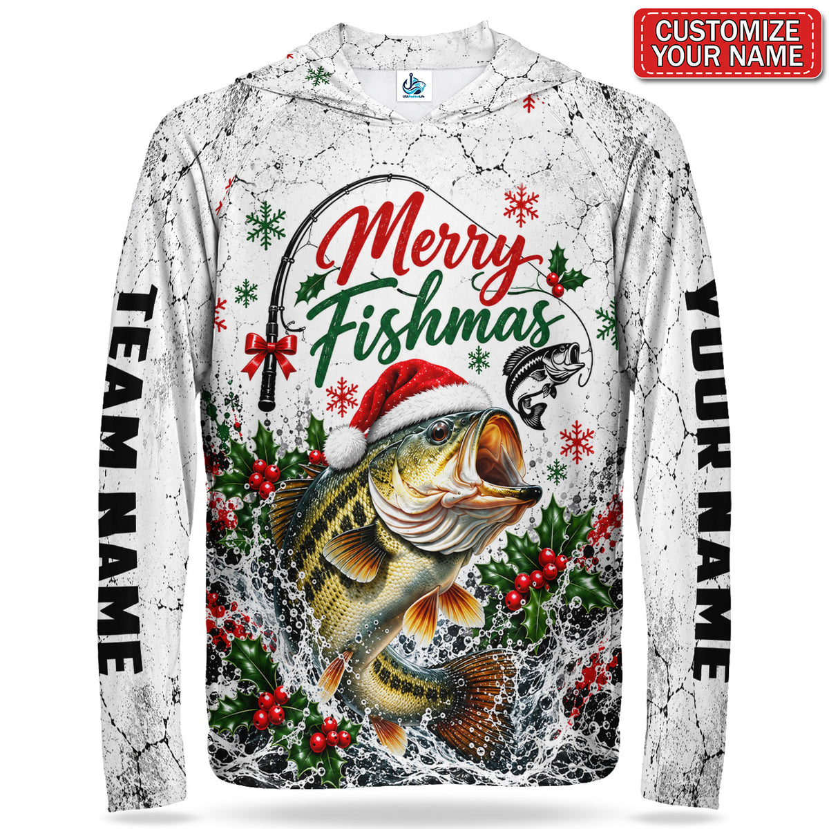 Merry Fishmas Santa Bass And Holly Personalized UPF Sun Protection Fishing Hoodie