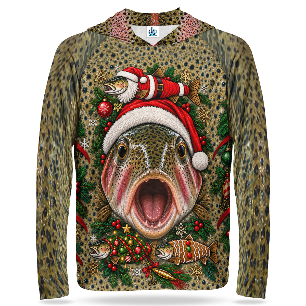 Christmas Rainbow Trout Face With Santa Hat UPF Sun Protection Fishing Hoodie