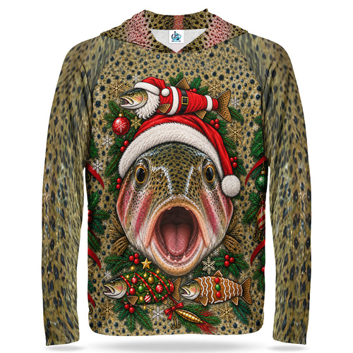 Christmas Rainbow Trout Face With Santa Hat UPF Sun Protection Fishing Hoodie