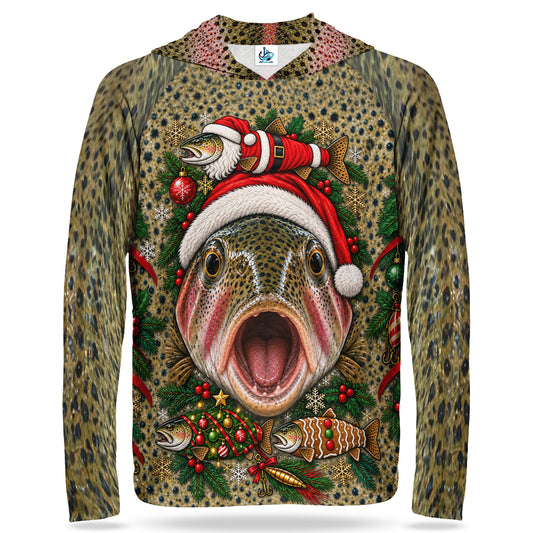 Christmas Rainbow Trout Face With Santa Hat UPF Sun Protection Fishing Hoodie