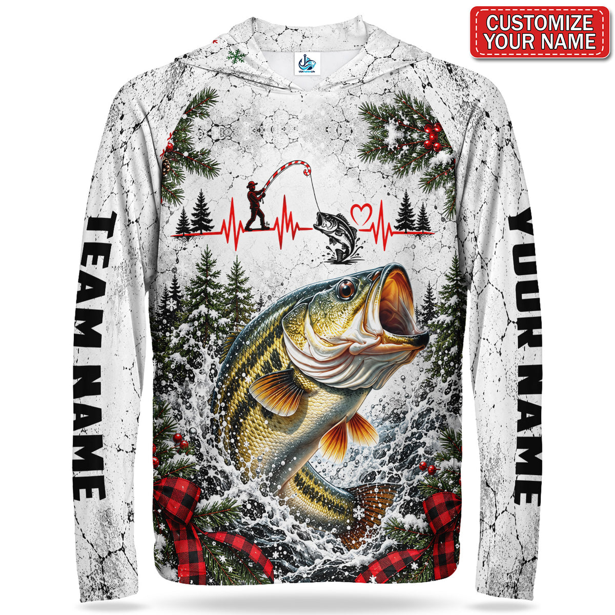 Christmas Bass and Heartbeat Personalized UPF Sun Protection Fishing Hoodie
