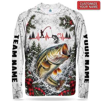 Christmas Bass and Heartbeat Personalized UPF Sun Protection Fishing Hoodie