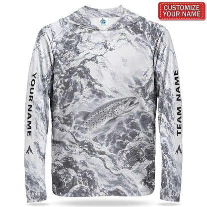 Monochrome Trout and Water Splash Personalized UPF Sun Protection Fishing Hoodie