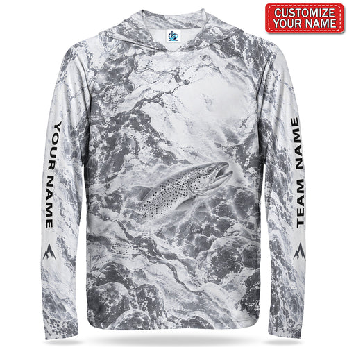 Monochrome Trout and Water Splash Personalized UPF Sun Protection Fishing Hoodie