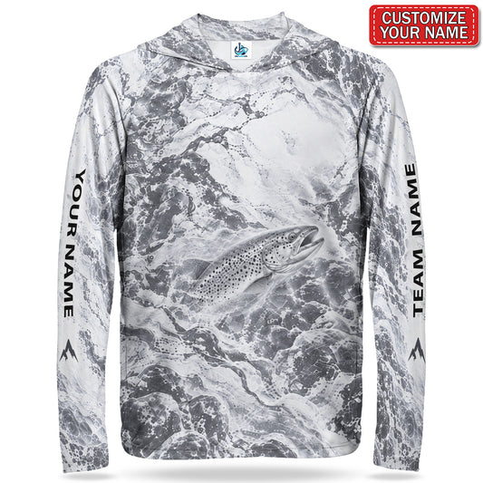 Monochrome Trout and Water Splash Personalized UPF Sun Protection Fishing Hoodie