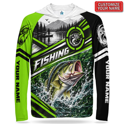 Bass and Mountain Lake Personalized UPF Sun Protection Fishing Hoodie