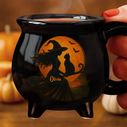 Personalized Witch & Black Cat Halloween Cauldron Mug