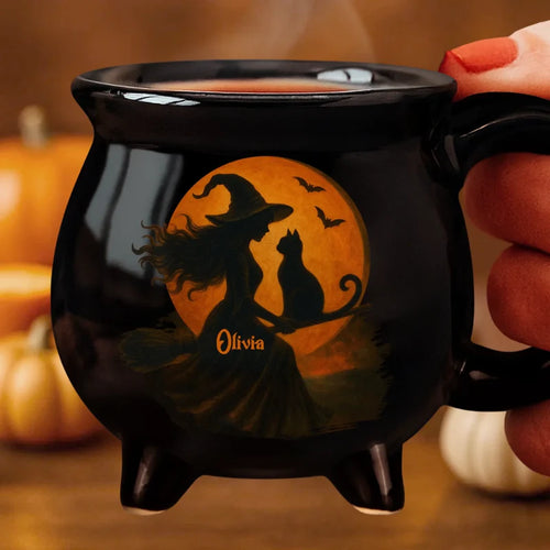 Personalized Witch & Black Cat Halloween Cauldron Mug
