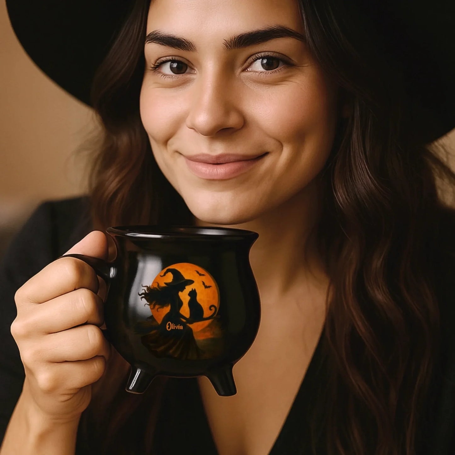 Personalized Witch & Black Cat Halloween Cauldron Mug