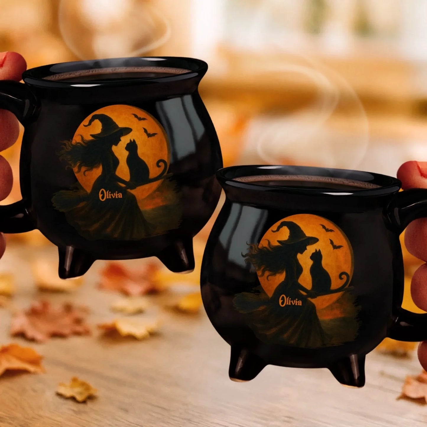 Personalized Witch & Black Cat Halloween Cauldron Mug