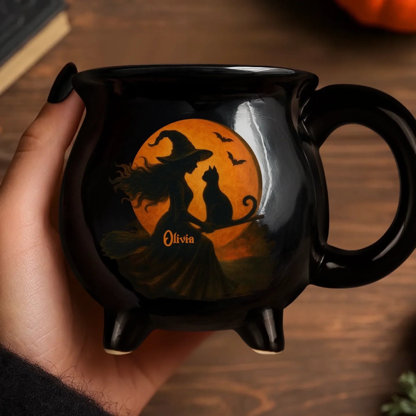 Personalized Witch & Black Cat Halloween Cauldron Mug