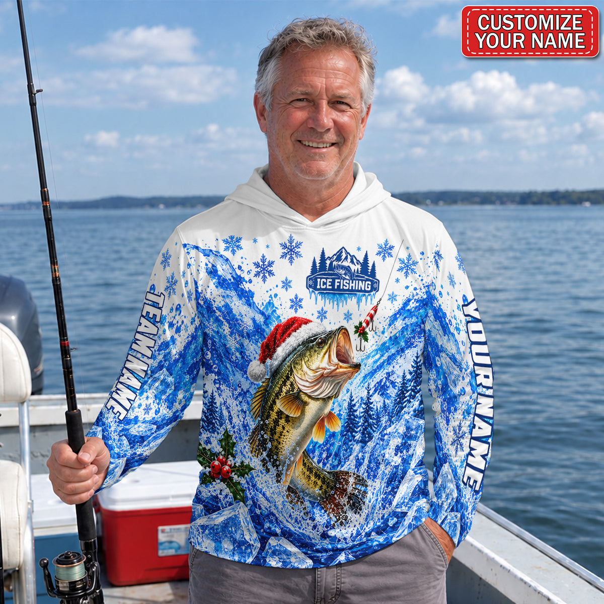 Santa Bass and Ice Fishing Personalized UPF Sun Protection Fishing Hoodie