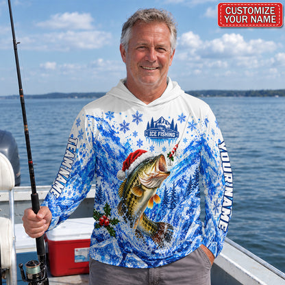 Santa Bass and Ice Fishing Personalized UPF Sun Protection Fishing Hoodie
