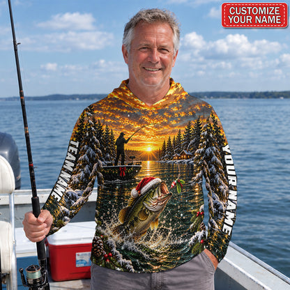 Santa Bass and Winter Sunset Personalized UPF Sun Protection Fishing Hoodie