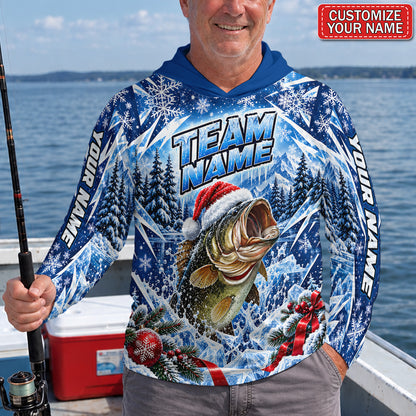 Santa Hat Bass Personalized UPF Sun Protection Fishing Hoodie