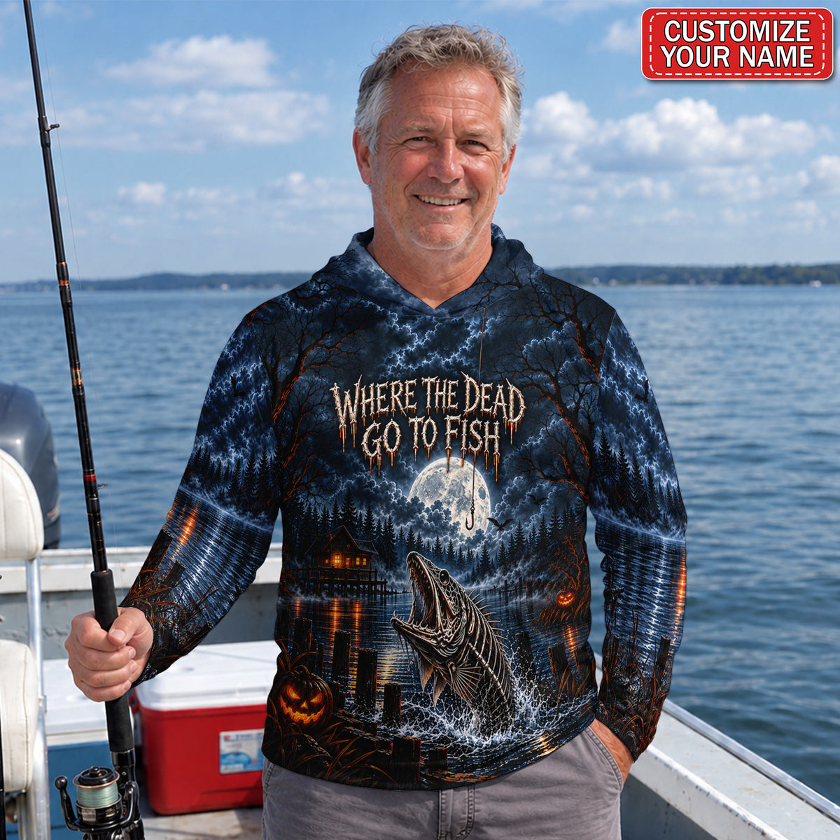 Where The Dead Go To Fish Skeleton Fish Personalized UPF Sun Protection Fishing Hoodie