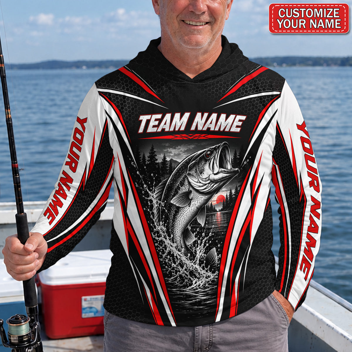 Bass and Red Sunset Personalized Team UPF Sun Protection Fishing Hoodie