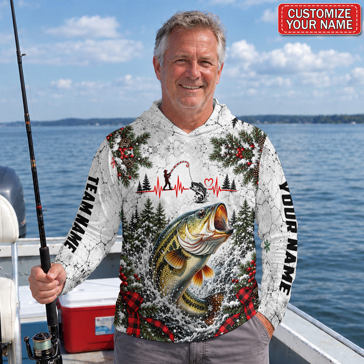 Christmas Bass and Heartbeat Personalized UPF Sun Protection Fishing Hoodie