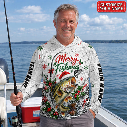 Merry Fishmas Santa Bass And Holly Personalized UPF Sun Protection Fishing Hoodie