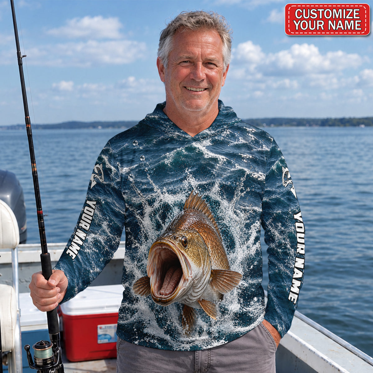 Bronze Fish Crashing Waves Personalized UPF Sun Protection Fishing Hoodie