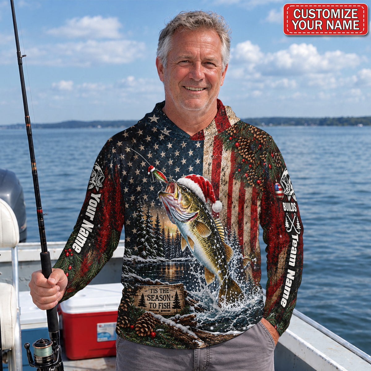 Santa Fish American Flag Personalized UPF Sun Protection Fishing Hoodie