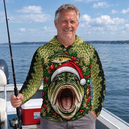 Christmas Bass Face With Santa Hat UPF Sun Protection Fishing Hoodie