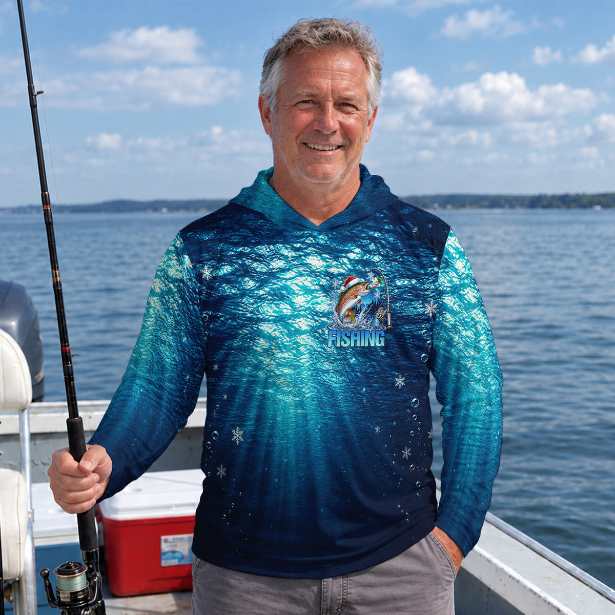 Santa Hat Rainbow Trout and Blue Underwater Scene UPF Sun Protection Fishing Hoodie