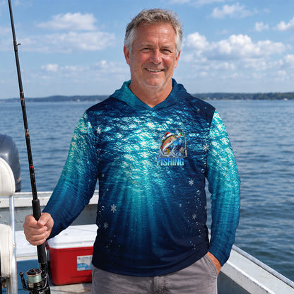 Santa Hat Rainbow Trout and Blue Underwater Scene UPF Sun Protection Fishing Hoodie