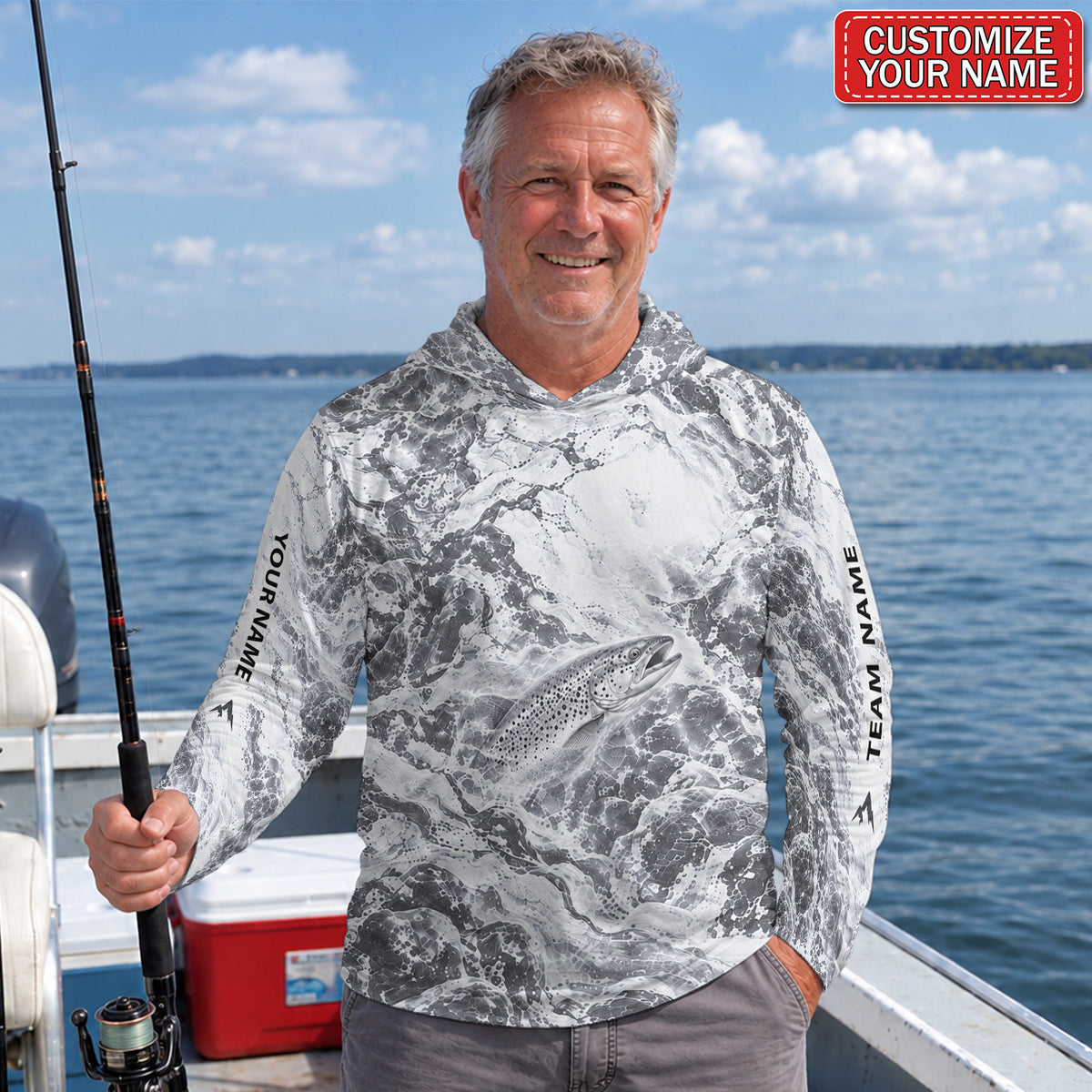 Monochrome Trout and Water Splash Personalized UPF Sun Protection Fishing Hoodie